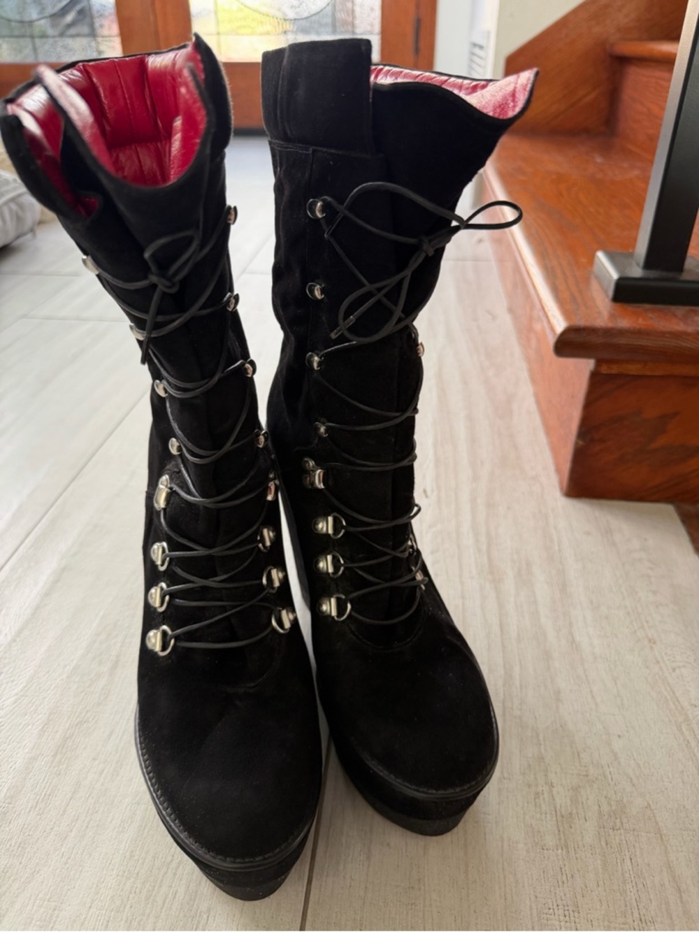 Cesare Paciotti Black Suede Lace-Up Platform Boots with Red Leather Liner.